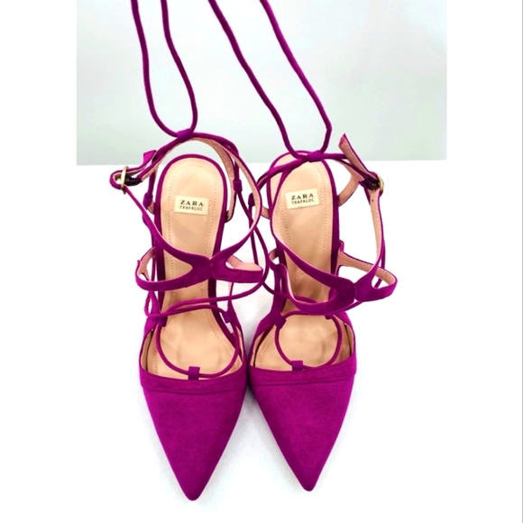 Zara Trafaluc Fuchsia Point Toe Lace up High Heel - Picture 2 of 5